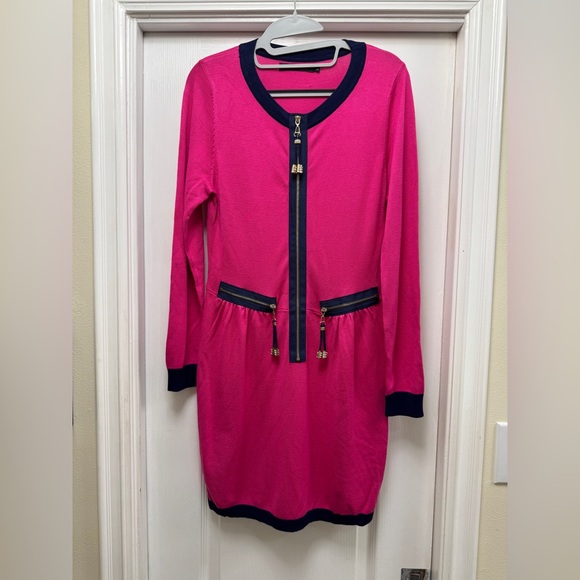 Elisabetta Franchi Cyland Sweater Dress - Hot pink/fuschia with navy trim. Large - Picture 1 of 8
